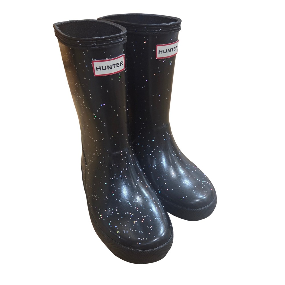 Hunter Kids Wellies OG Rainbow Chunky Glitter Rain Boots Black 12 Waterproof